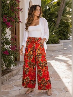 New Christian Siriano red tropical island print wide leg pants